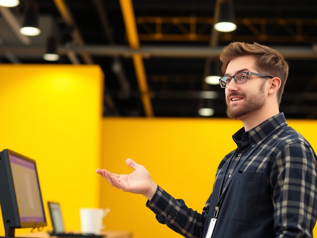 Salesman Showcasing Product on Yellow Background