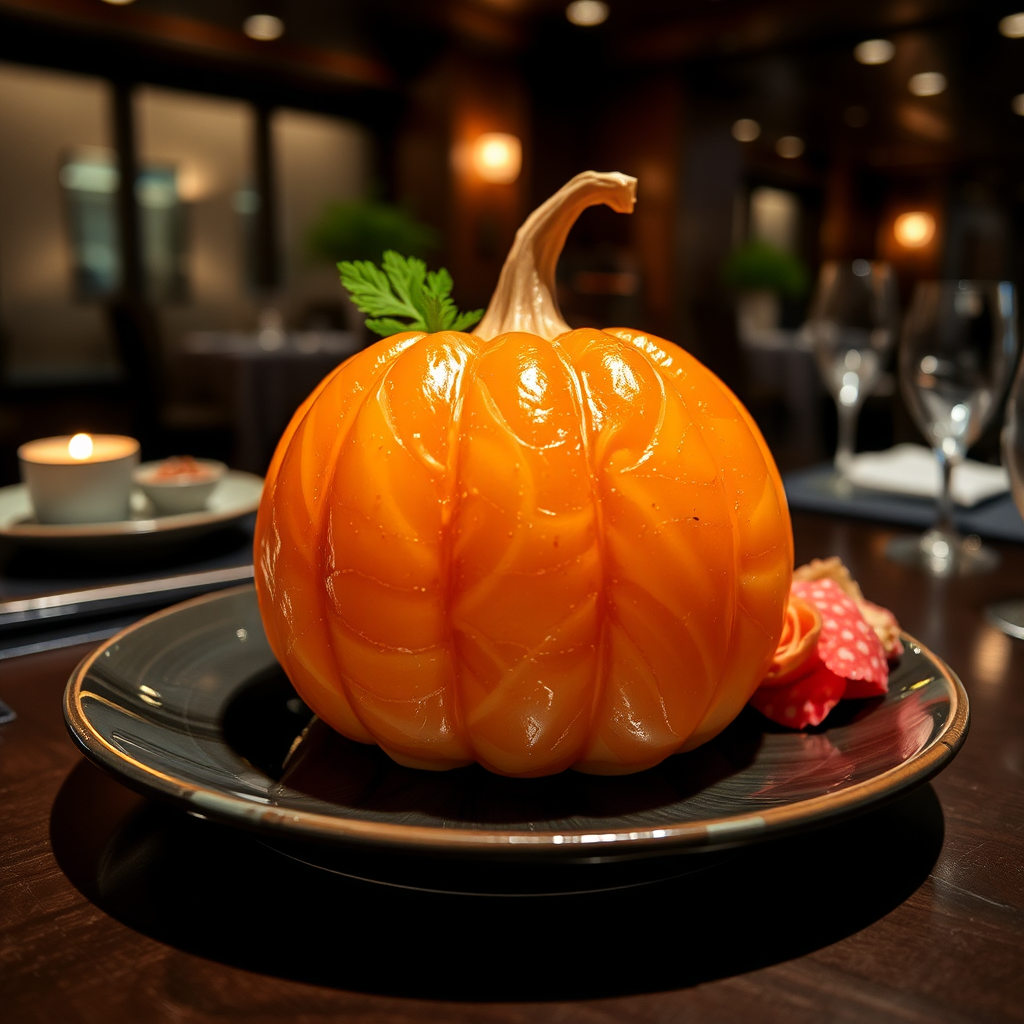 Salmon sushi pumpkin plated in fancy Japanese restaurant