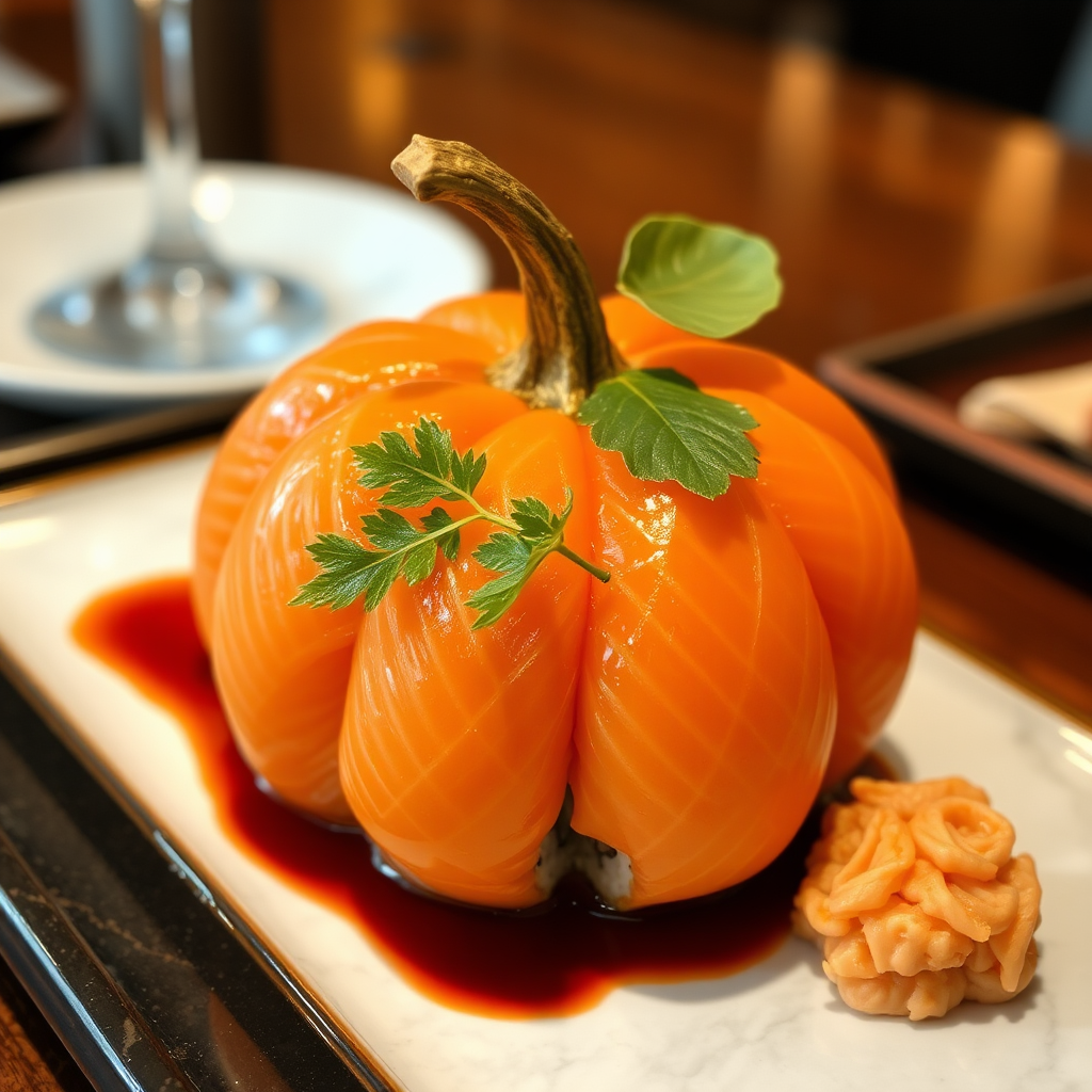 Salmon sushi pumpkin served at fancy Japanese restaurant