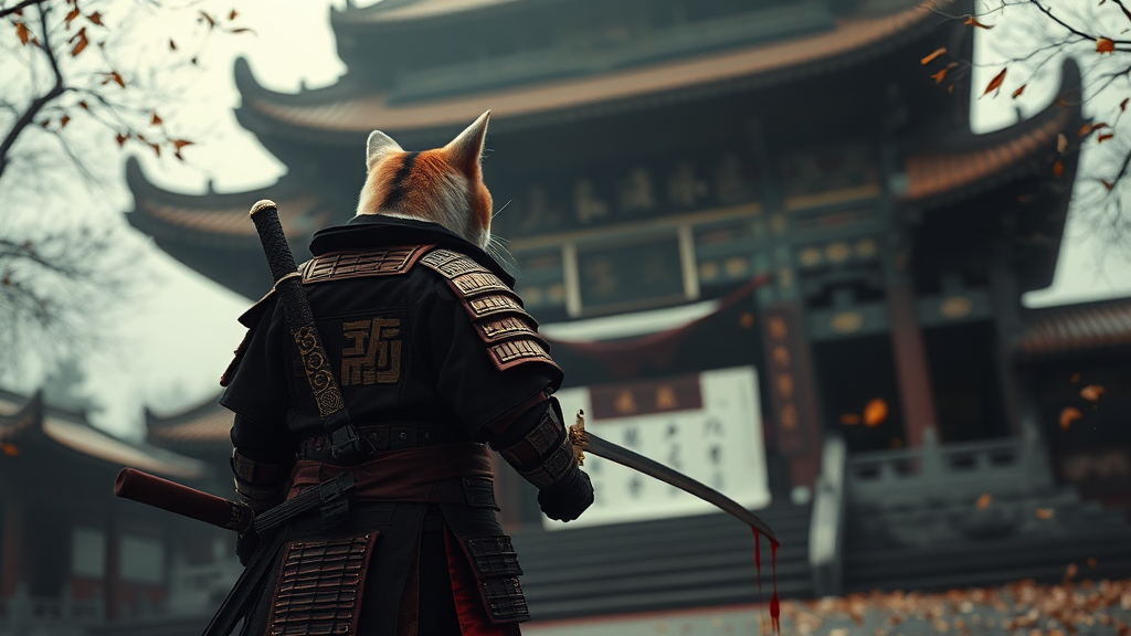 Samurai Cat Entering Shaolin Temple with Bloody Sword