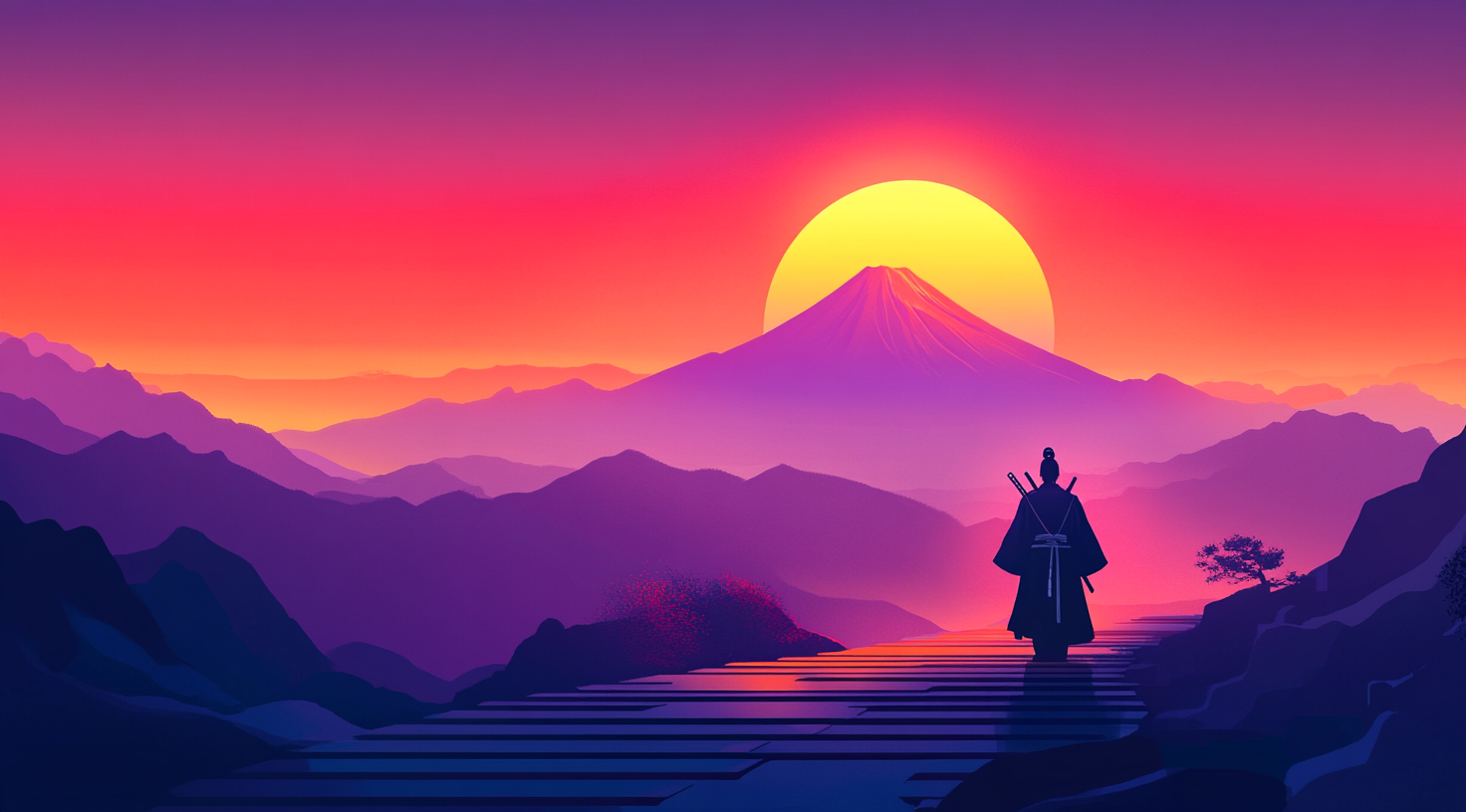 Samurai Observing Mount Fuji at Sunset