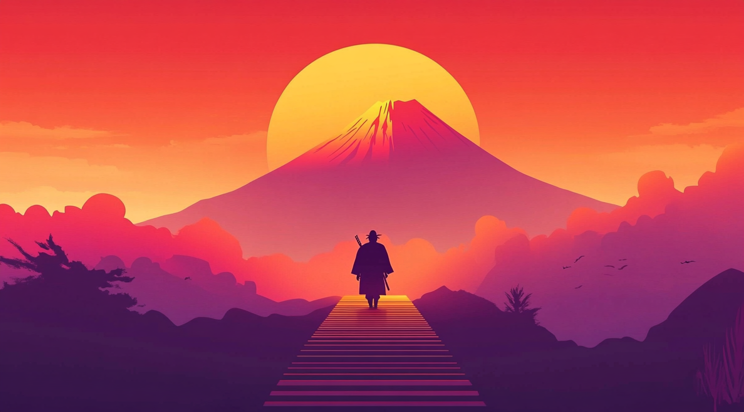 Samurai Overlooking Path to Mt. Fuji at Sunset