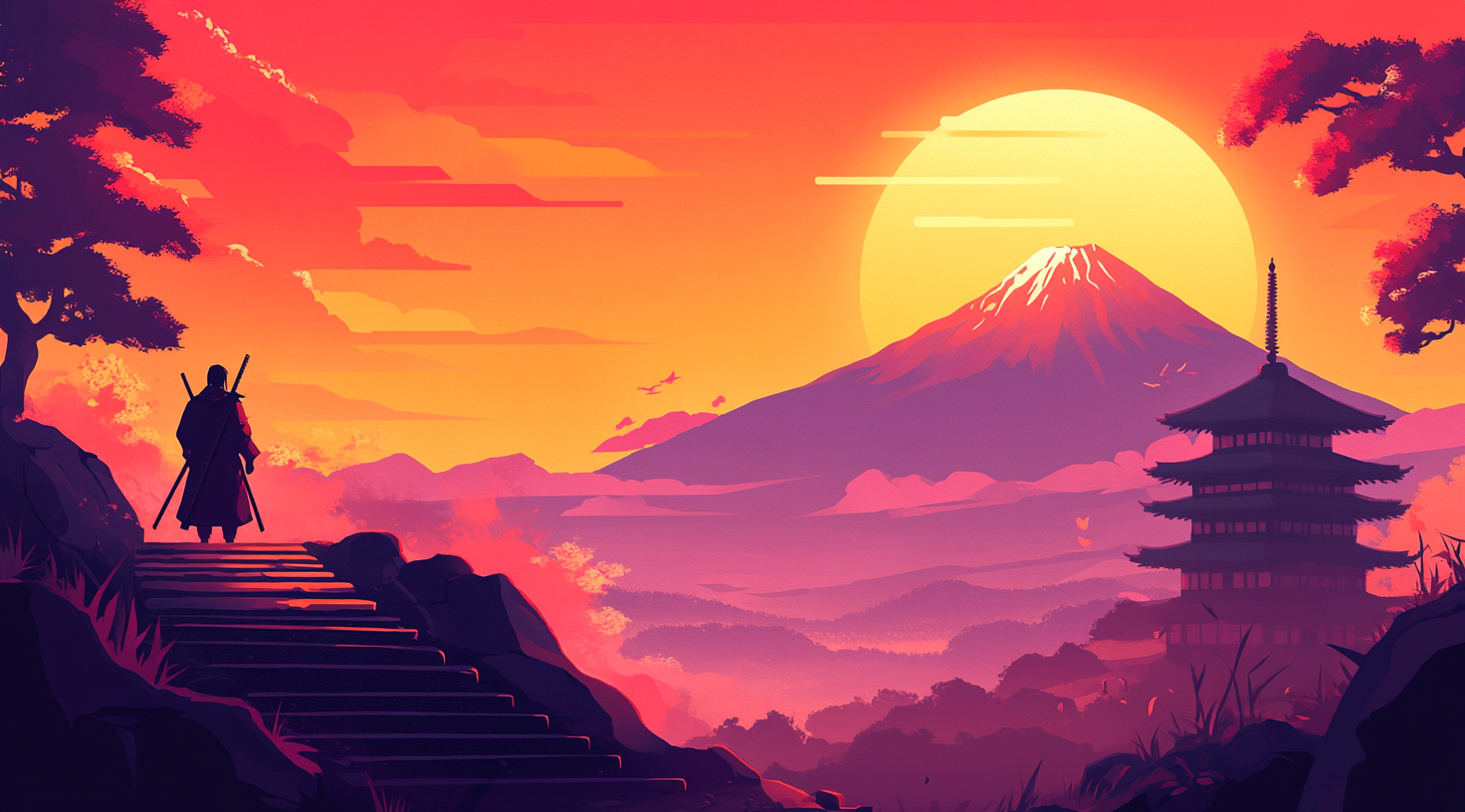 Samurai Viewing Mount Fuji at Sunset, Game Art