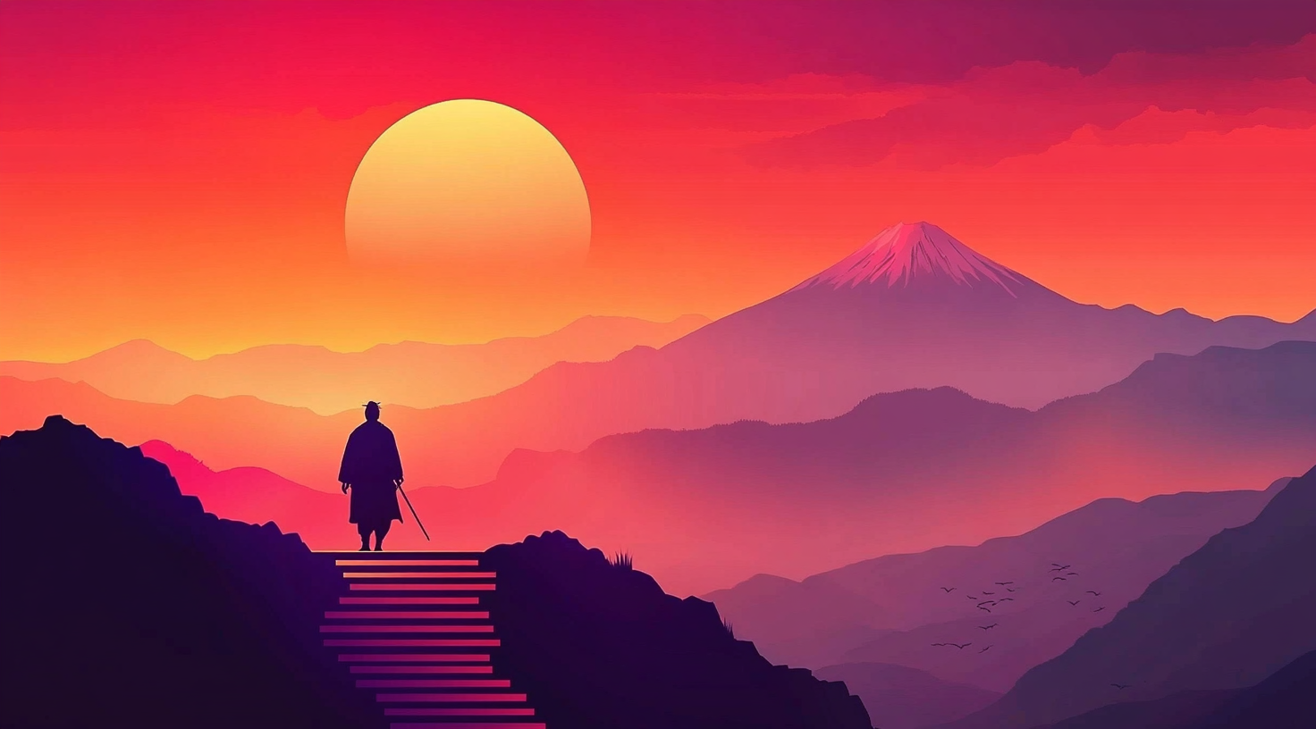 Samurai Walking Towards Mount Fuji at Sunset