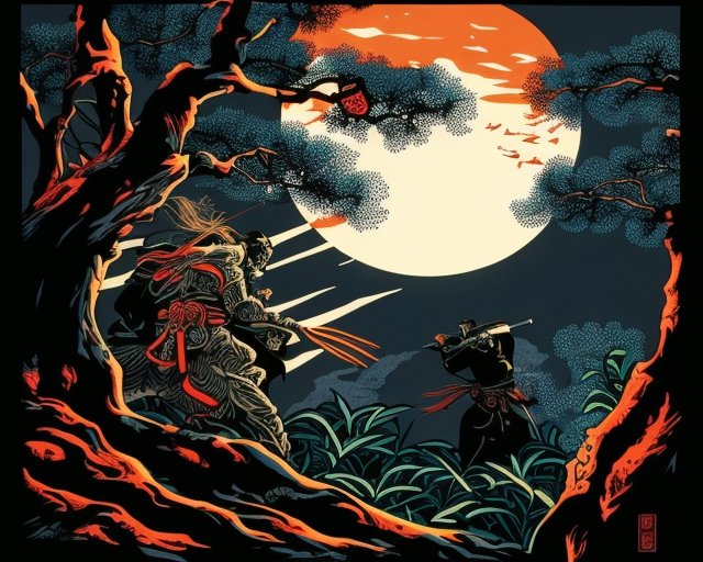 Samurai and Ninja Duel Under Full Moon