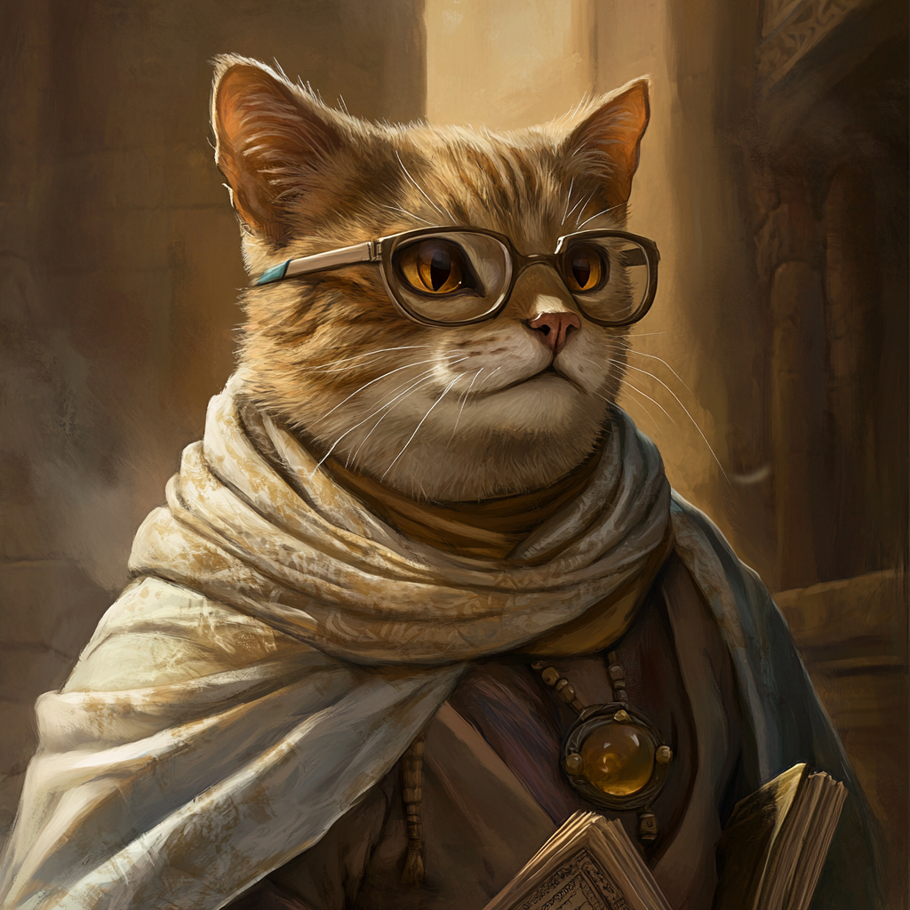 Sandy-furred tabaxi with glasses holds scrolls and books.