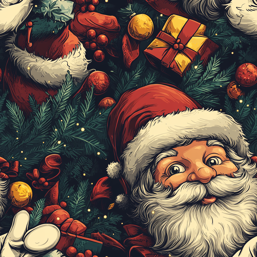 Santa's Mischievous Christmas Wrapping Paper Illustration