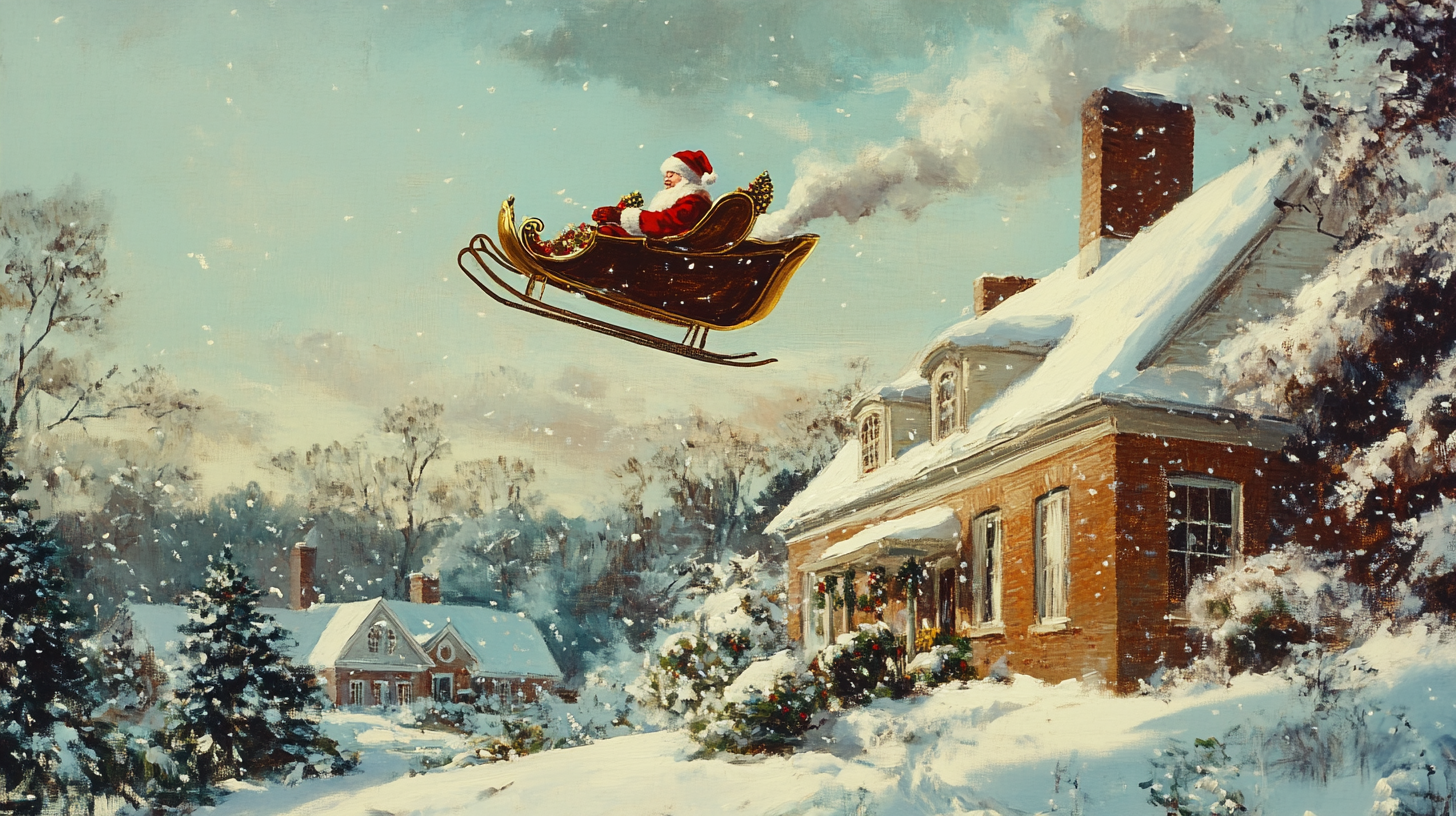 Santa's Vintage Christmas Sleigh Ride Over Snowy House.