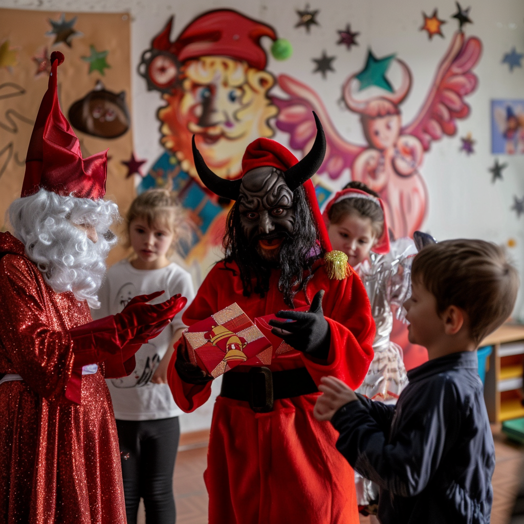 Santa, devil, angel visit kids with gifts