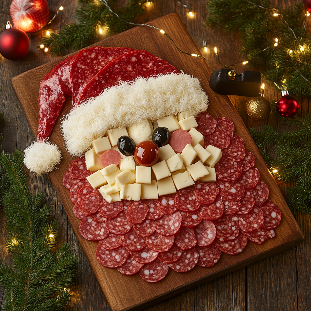 Santa Claus Charcuterie Board with festive decorations.