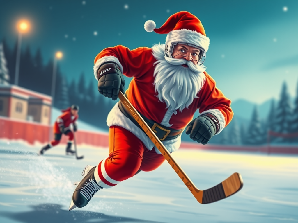 Santa Claus Enjoying a Game of Hockey