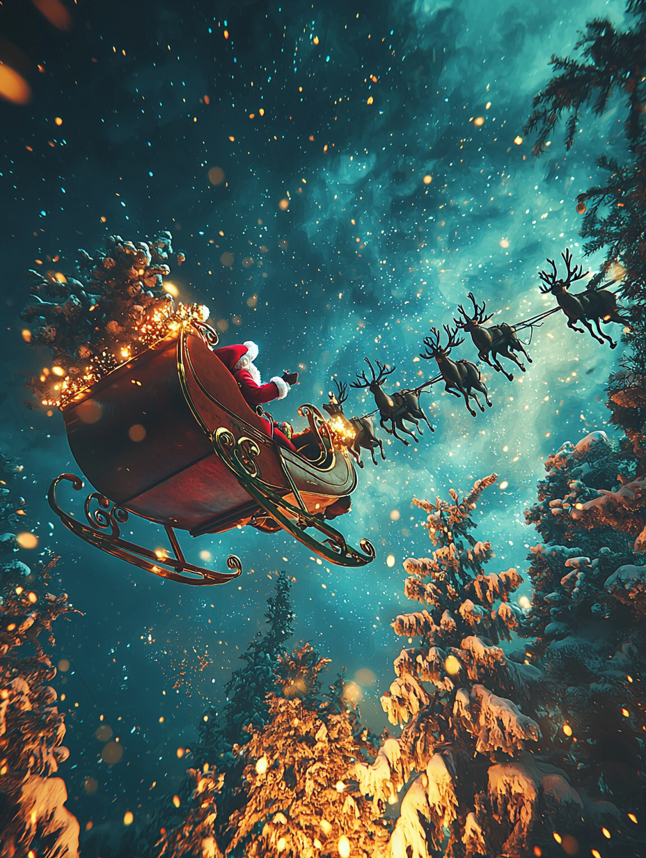 Santa Claus Riding Sleigh Under Starry Sky