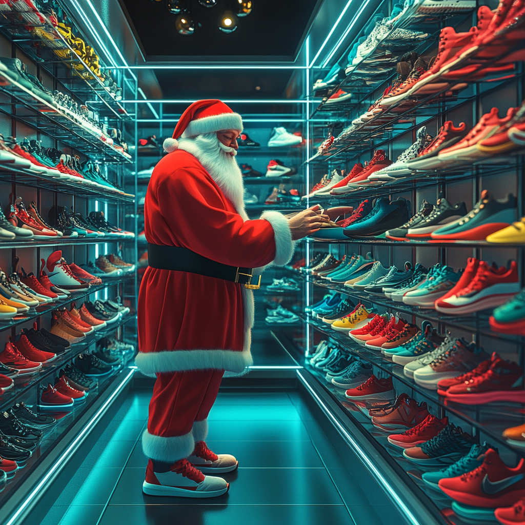 Santa Claus Shopping for Sneakers in Modern Showroom