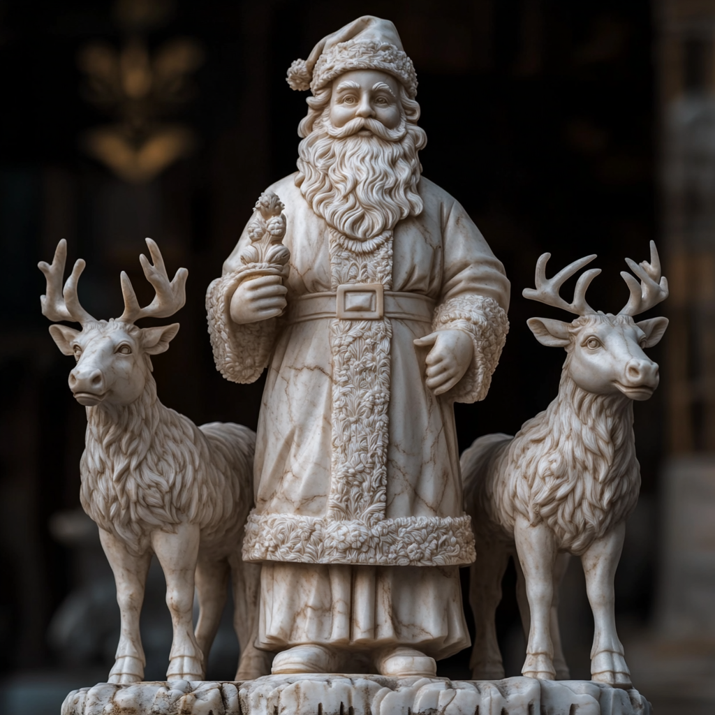 Santa Claus Statue with 2 Marble Reindeers