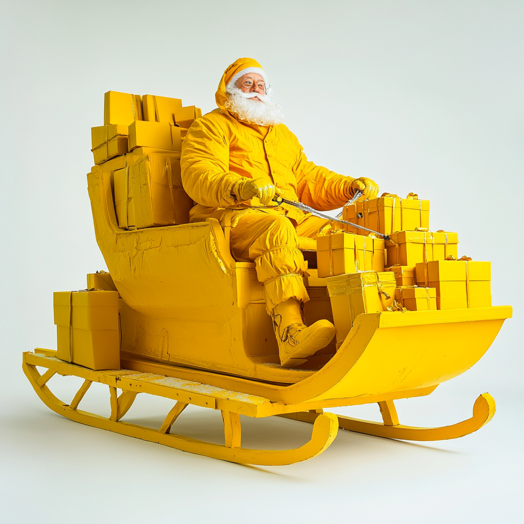 Santa Claus in yellow on a sleigh with gifts