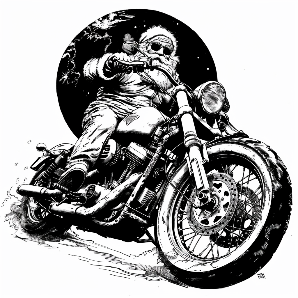 Santa Claus rides motorcycle under full moon