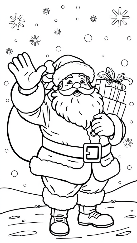 Santa Claus with presents in snowy scene coloring page.