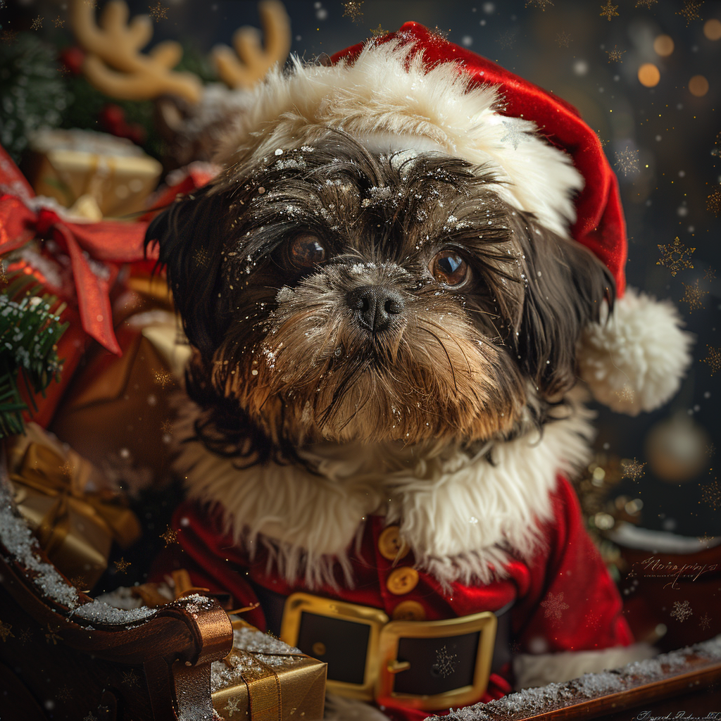 Santa Dog in Sleigh on Snowy Night