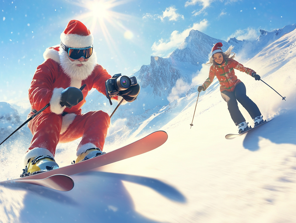 Santa Skier Films Self with Camera on Slope