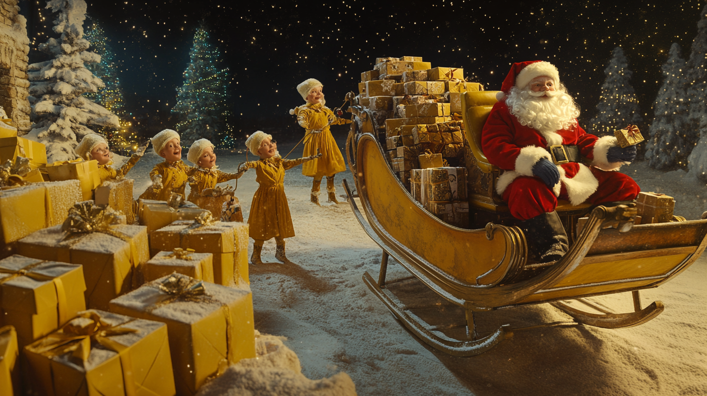 Santa and Elves Loading Gifts into Yellow Sleigh