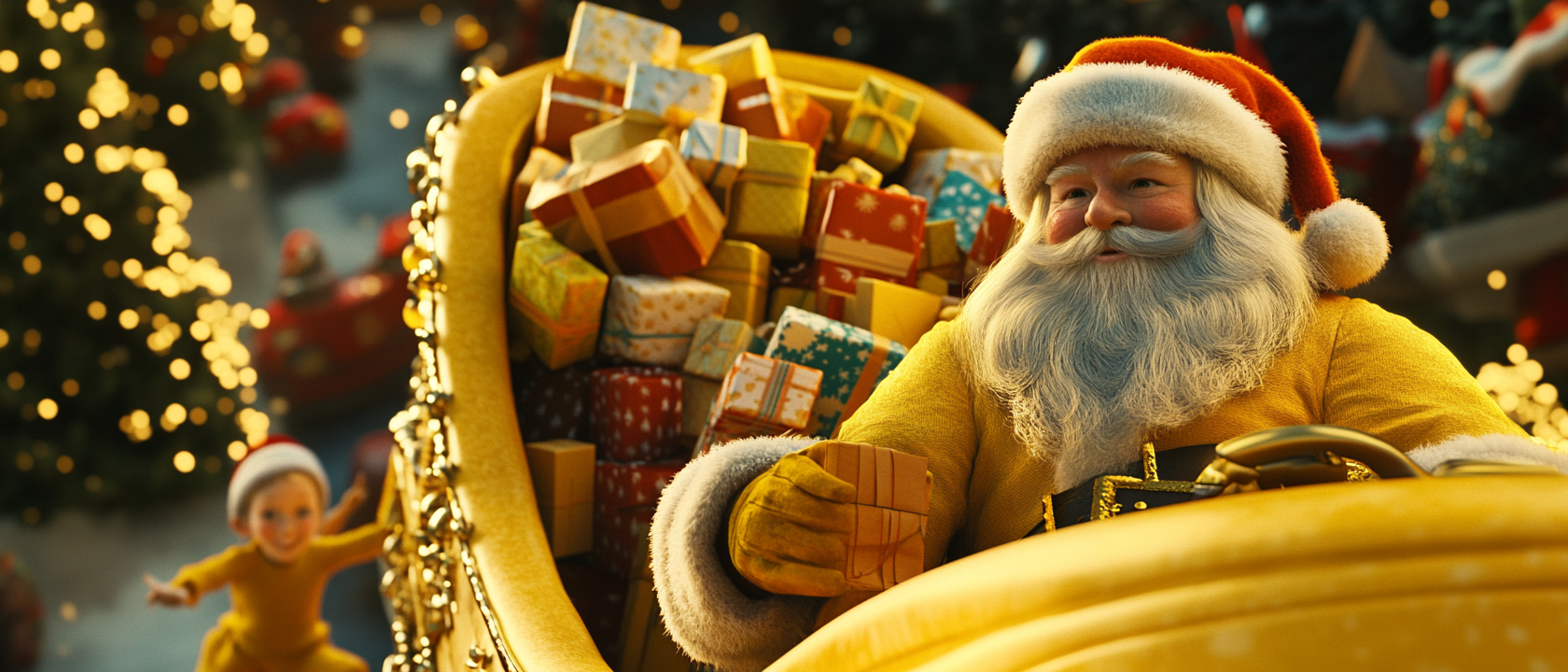 Santa and Elves Loading Gifts on Yellow Sleigh