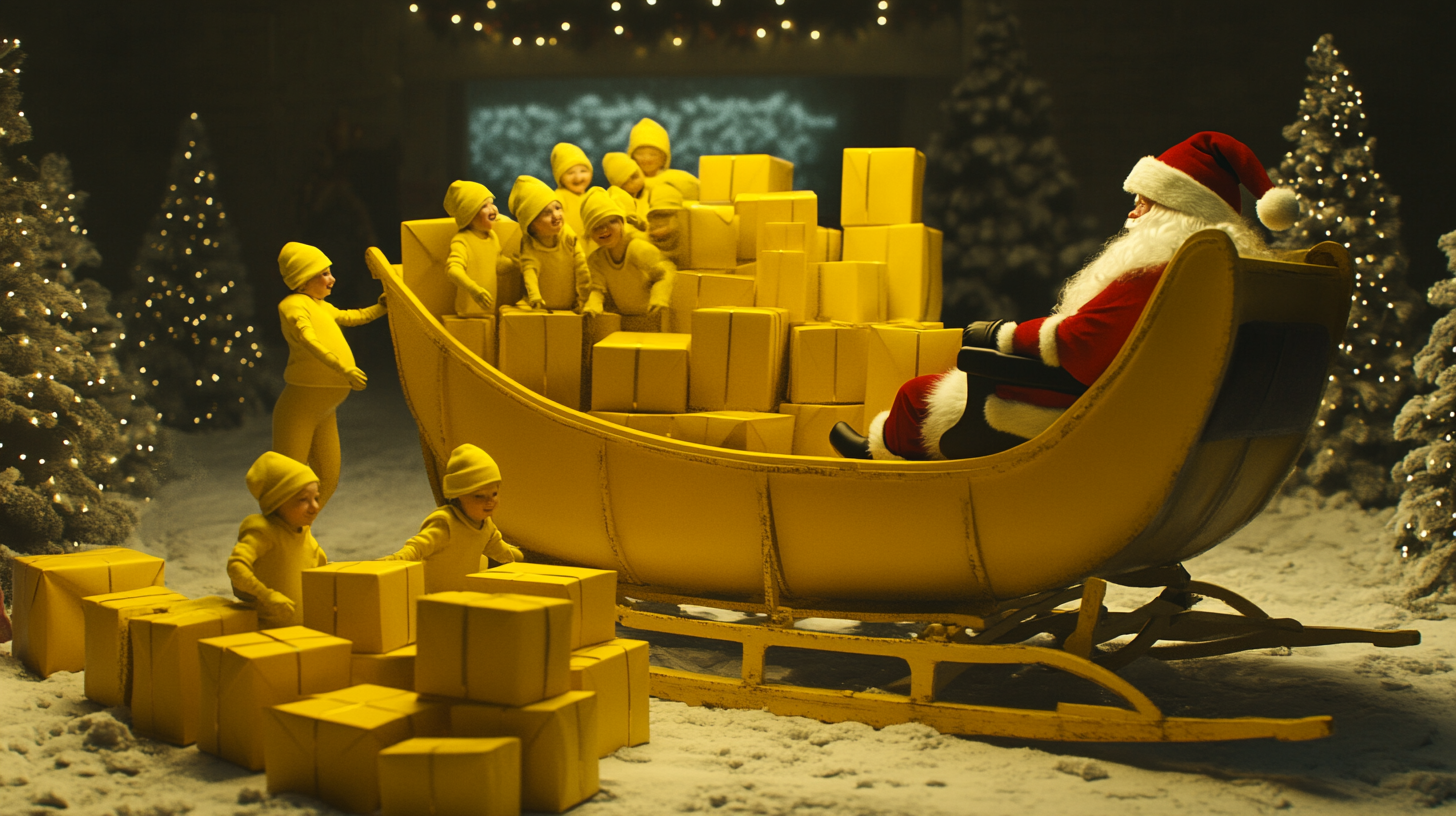 Santa and Elves Preparing Yellow Sleigh at Night