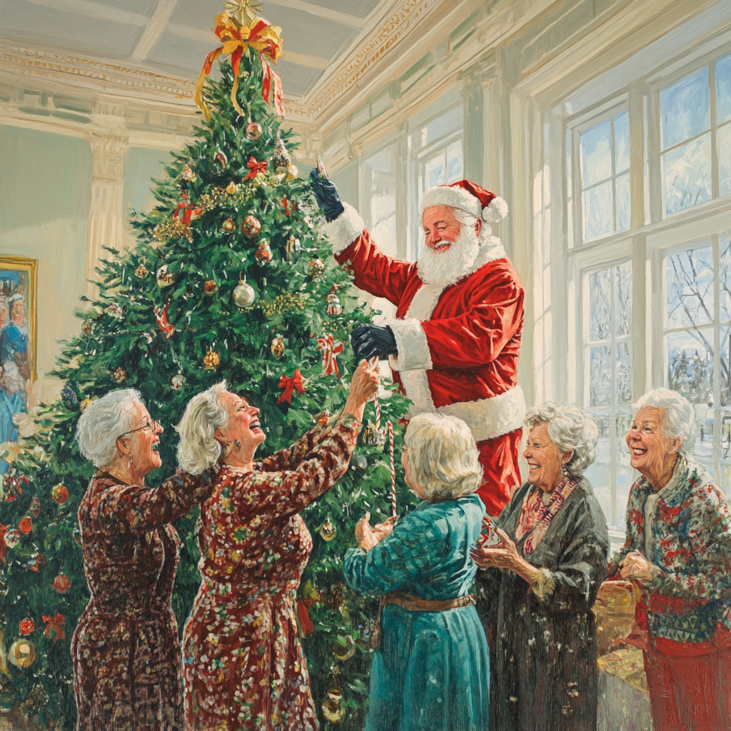 Santa and elderly women decorate trees in festive ballroom