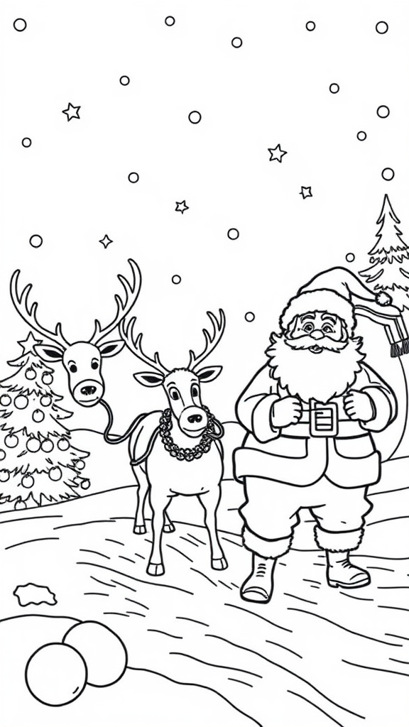 Santa and reindeer prepare for Christmas Eve coloring page.