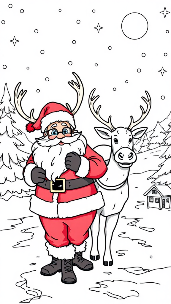 Santa and reindeer prepare for Christmas in coloring pages.