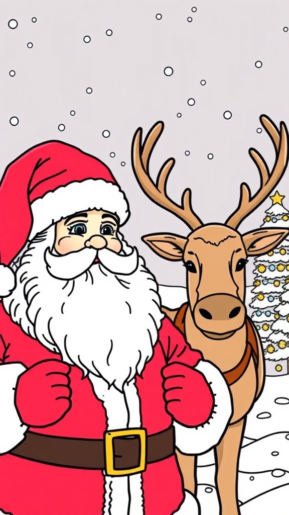 Santa and reindeer prepare for Christmas. Coloring page.