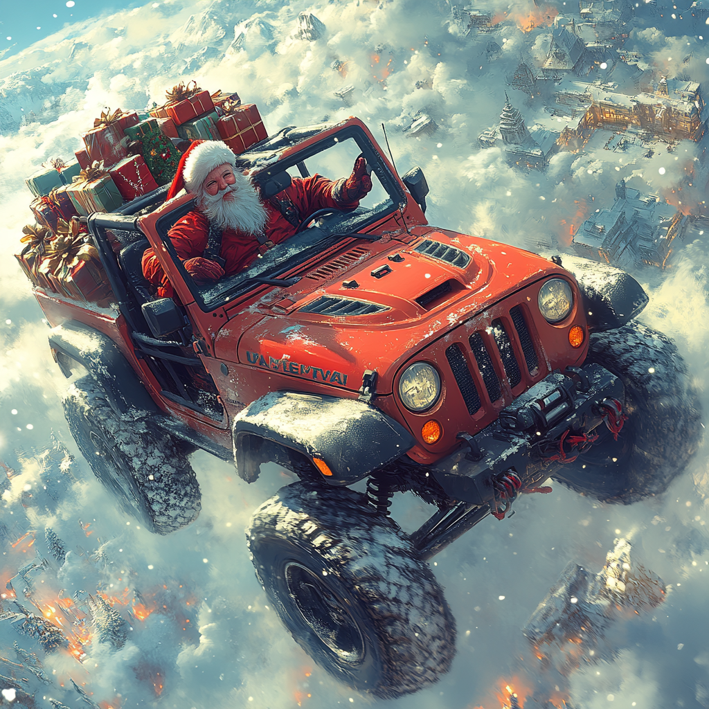 Santa flies a Jeep instead of reindeer