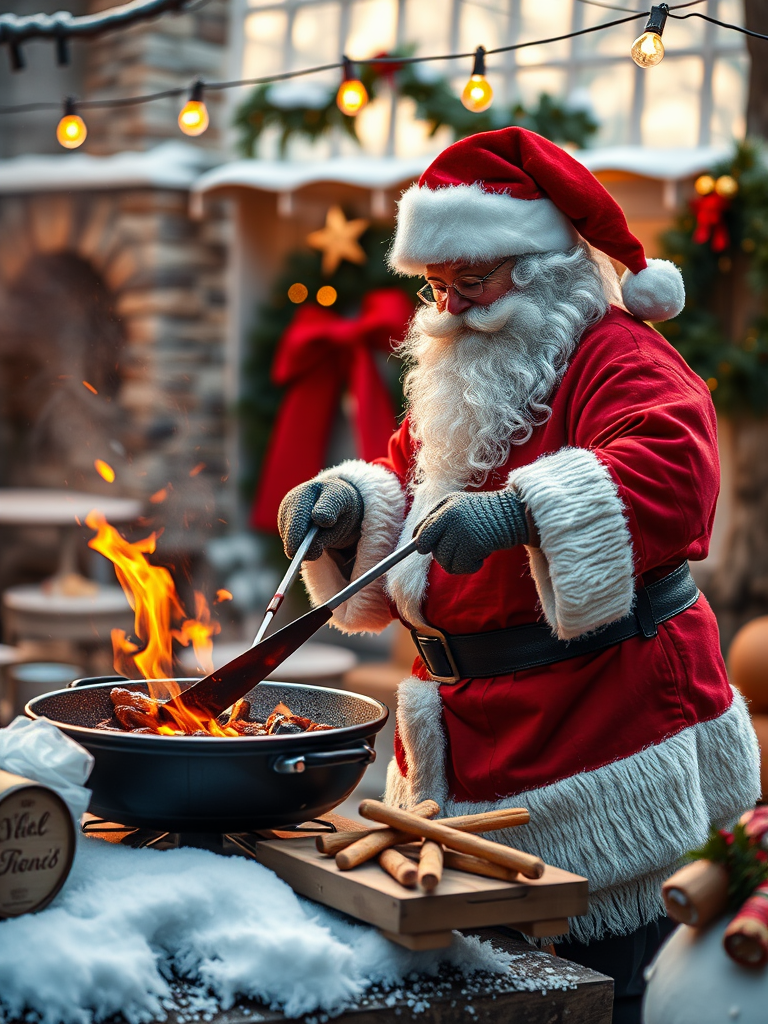 Santa is grilling bbq food in a picture.