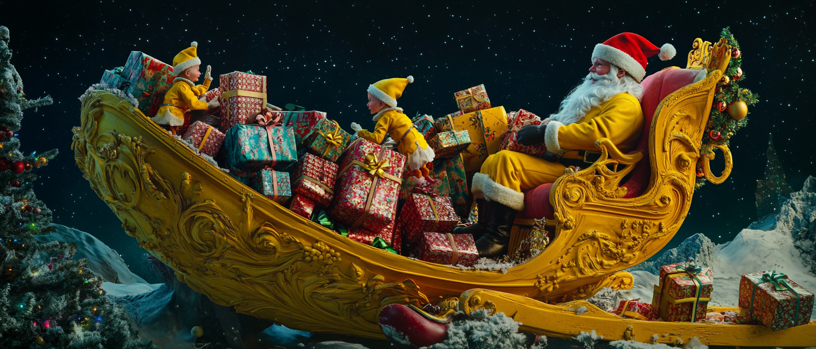 Santa with Elves Loading Gifts on Yellow Sleigh