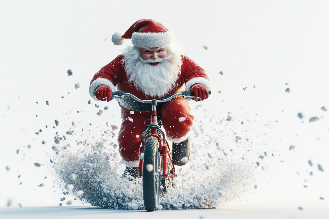 Santa with white beard smiles on bike