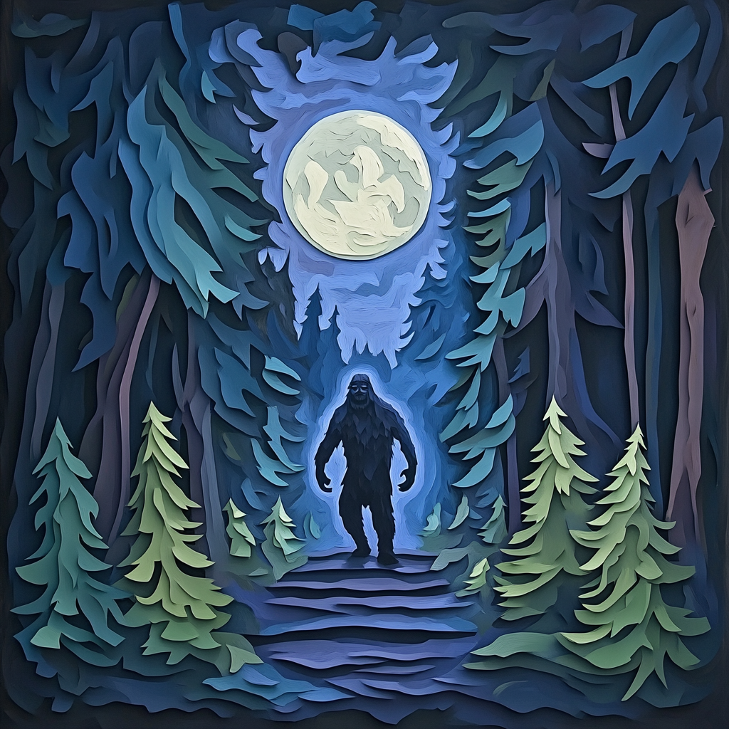 Sasquatch in moonlit forest, wood cutout art, midnight colors.