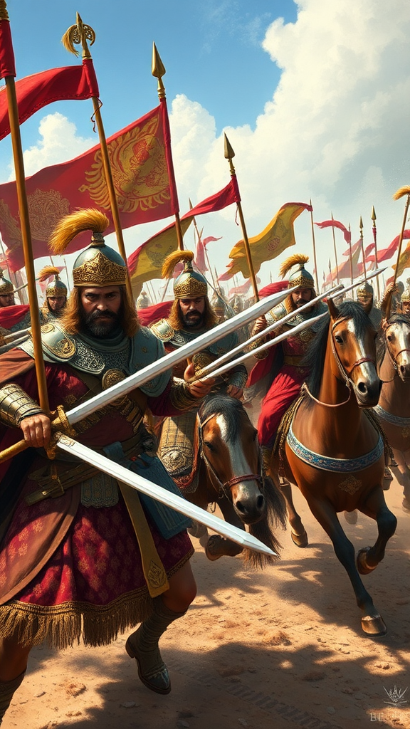 Sassanian soldiers ride into battle with valor.