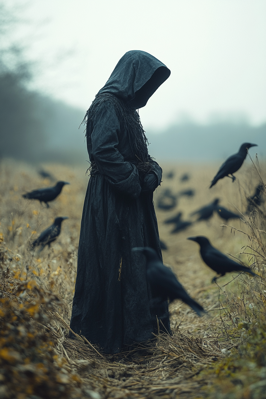 Scarecrow in field, evil crows, gothic setting.