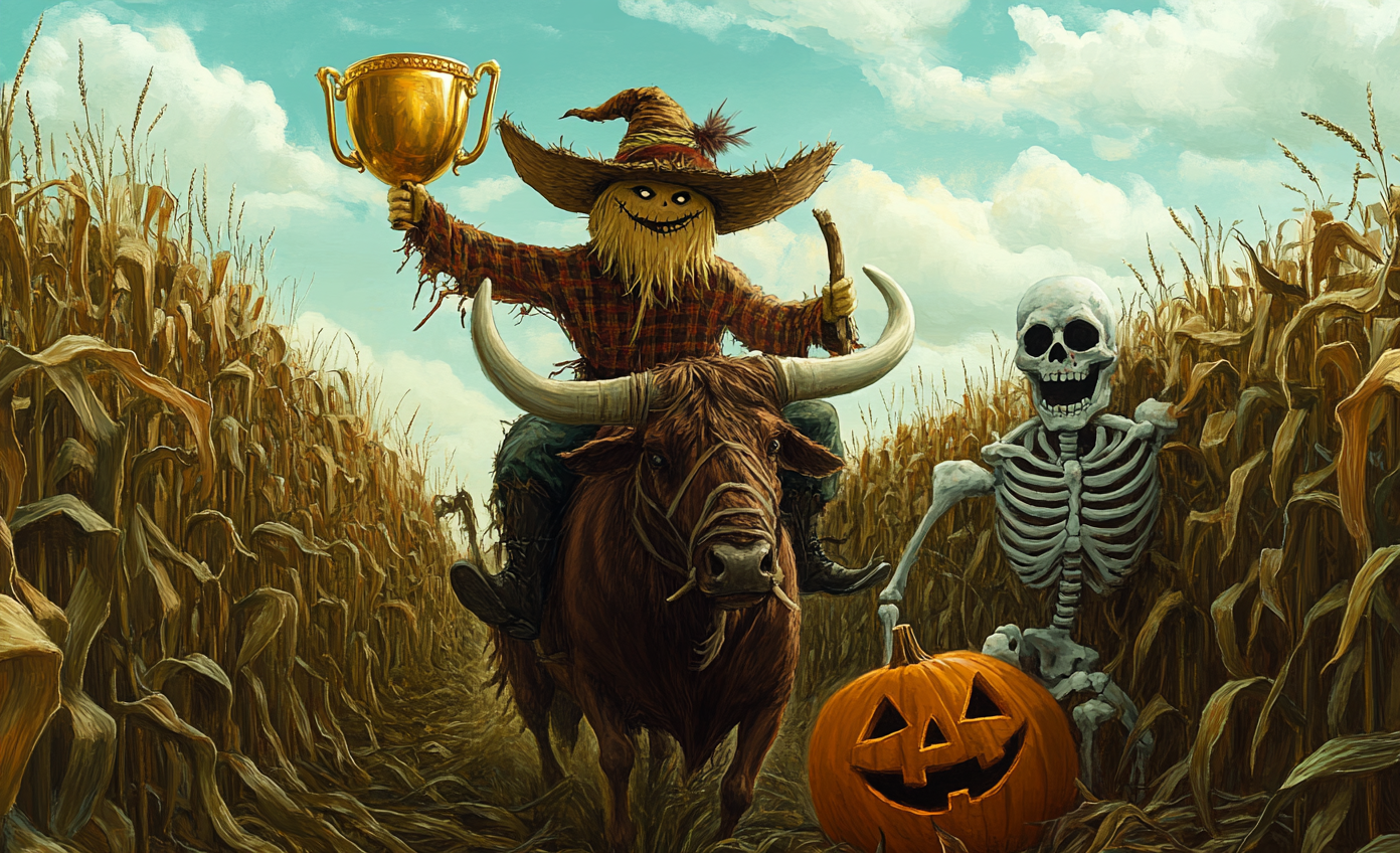 Scarecrow rides longhorn, finds trophy in corn maze