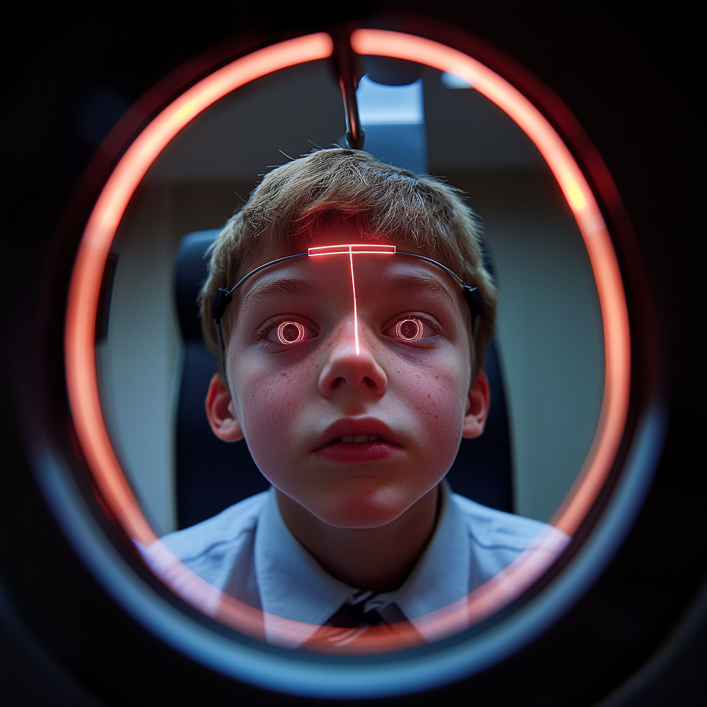 Scared boy in school uniform getting face scanned.