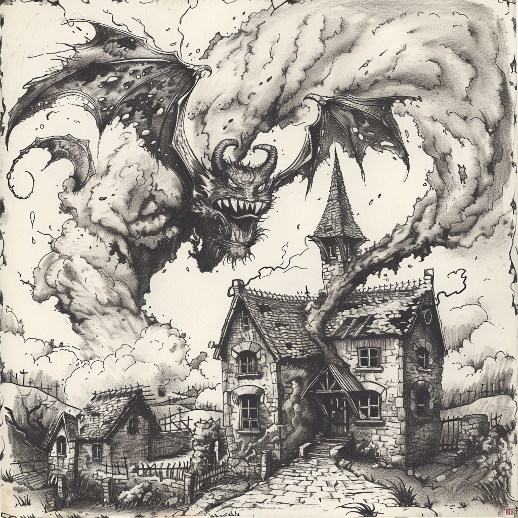 Scared winged devil in tornado sketch, tudor house