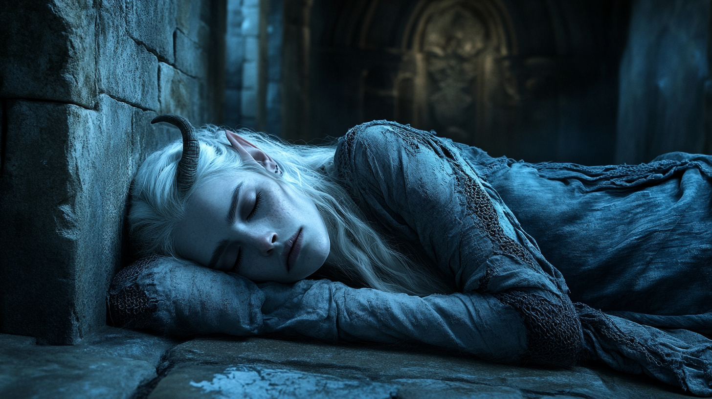 Scary Elven Woman Asleep in a Dark Castle