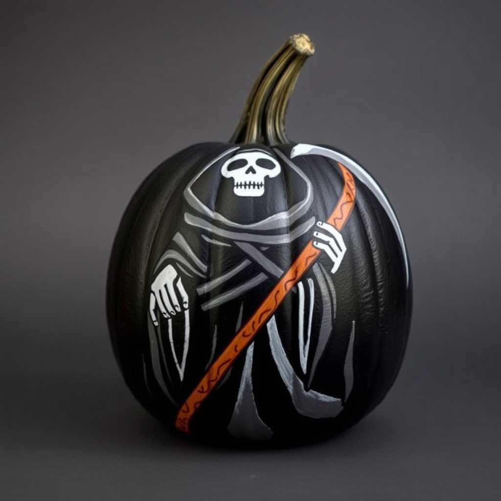 Scary Grim Reaper Pumpkin with scythe.