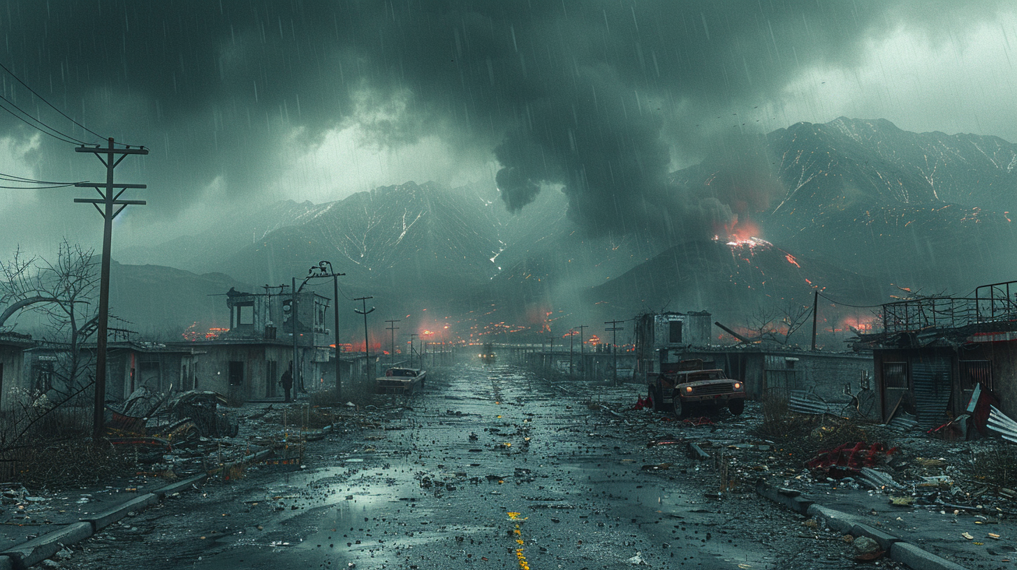 Scene of destruction with smoke, debris, and wrecked vehicles.