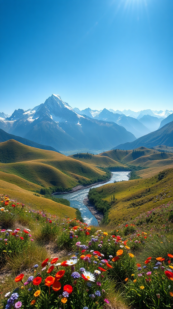 Scenic Landscape with Mountains, River, Wildflowers in 8K