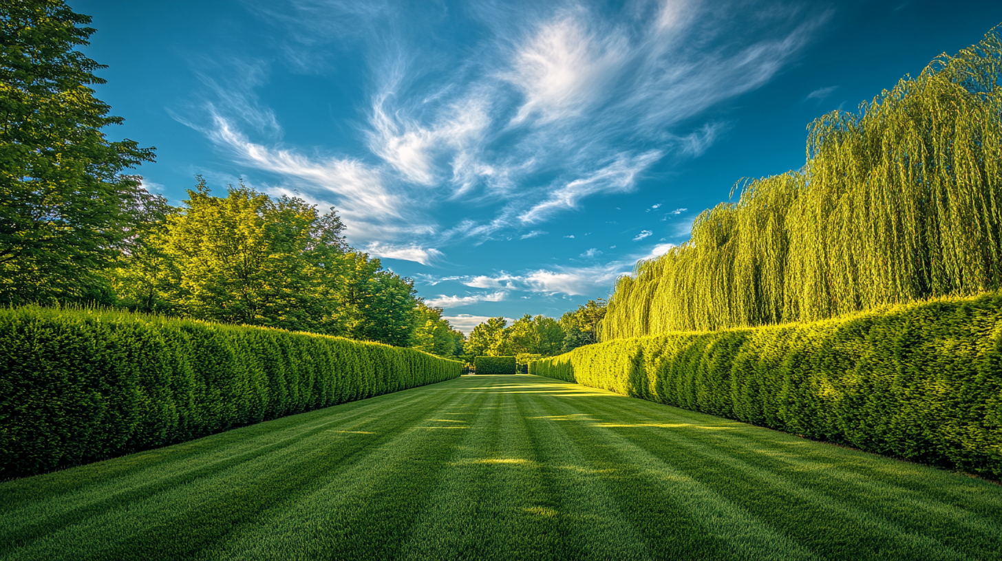 Scenic Lawn with Hedge and Beautiful Sky