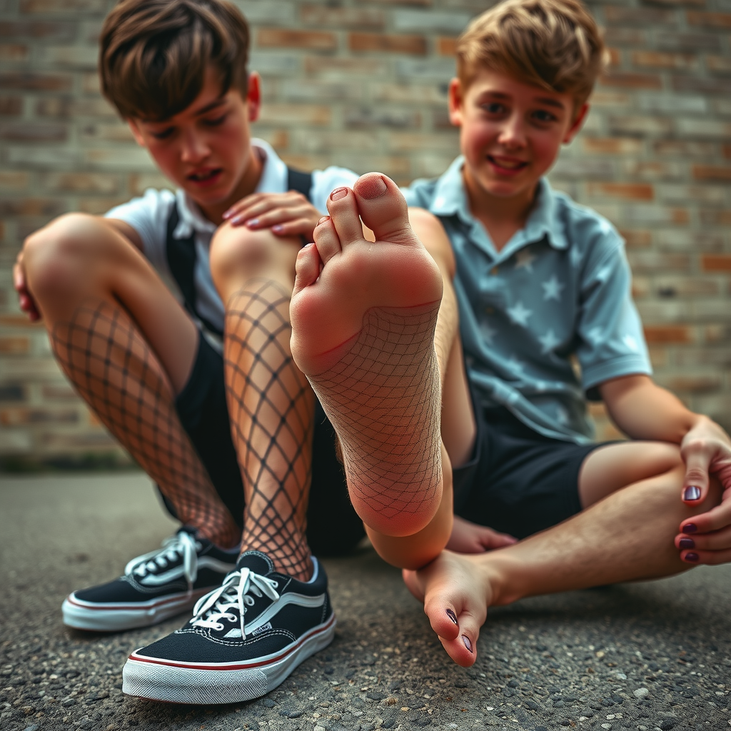 School boys with fishnets, one boy barefoot, faces shoe-eating boy