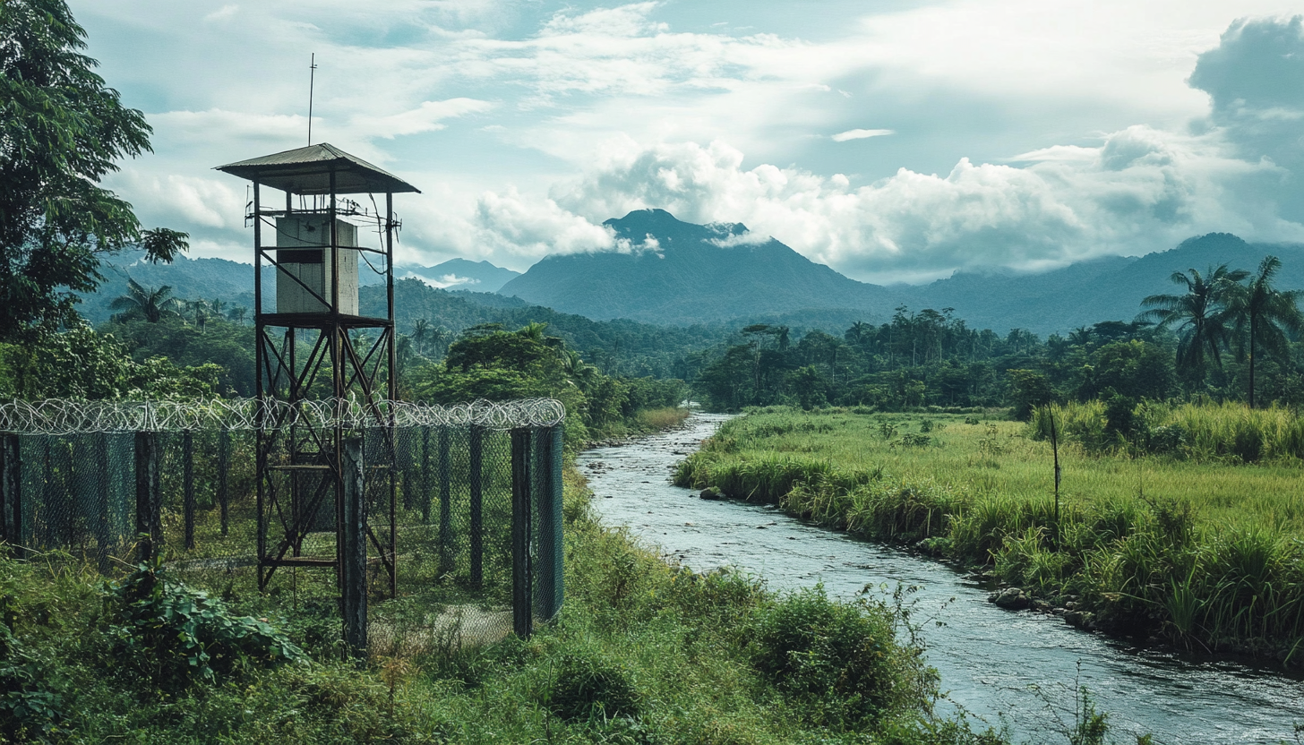 Science outpost in Congo jungle with watch tower.