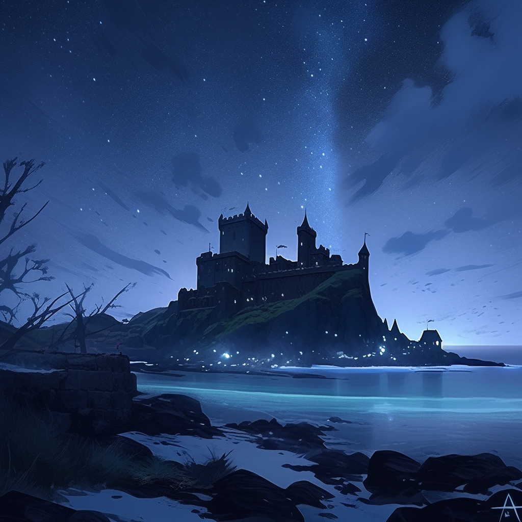 Scottish castle at night with northern lights