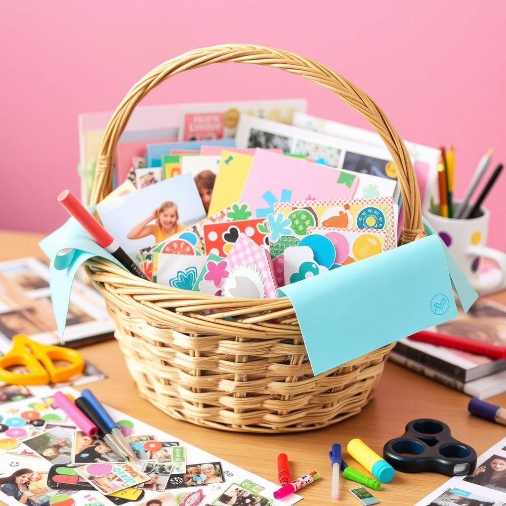 Scrapbooking Basket with Colorful Papers and Tools