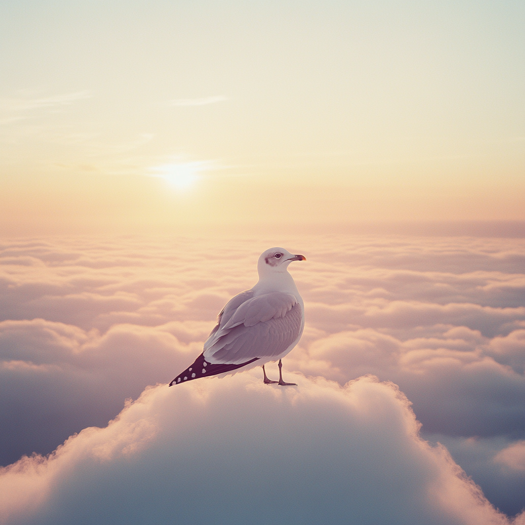 Seagull Surveying Horizon under Surreal Sunset Sky